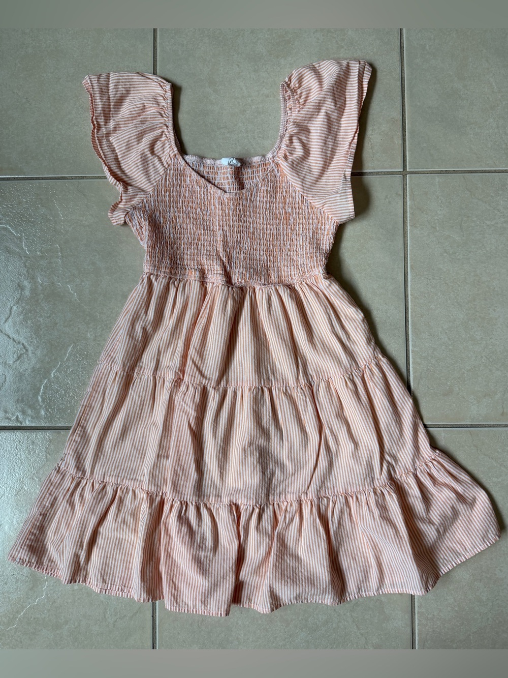 Andree by Unit Smoked Tiered Dress S Orange White Striped Flutter Sleeve Cotton